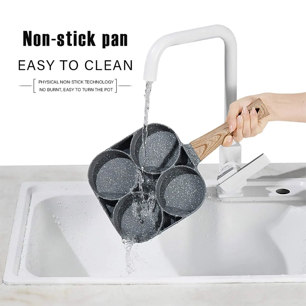 4 Hole Frying Pan Non Stick Breakfast Burger Egg Pancake Maker Wooden Handle Medical Stone Four Hole Omelet Pan