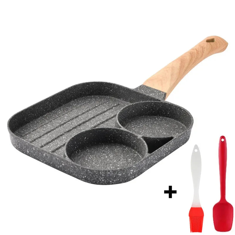 4 Hole Frying Pan Non Stick Breakfast Burger Egg Pancake Maker Wooden Handle Medical Stone Four Hole Omelet Pan