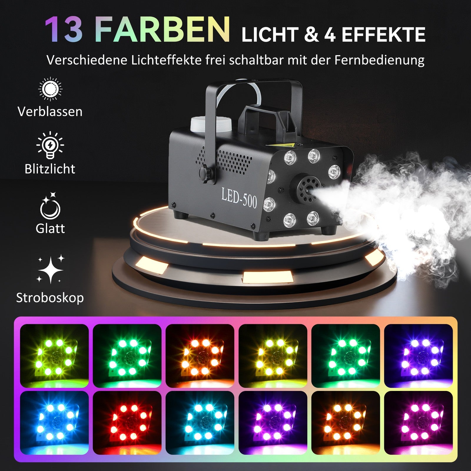 Nebelmaschine 450W Rauchmaschine Mit 13 Farbigen LED Lichtern Und RGB Effekt