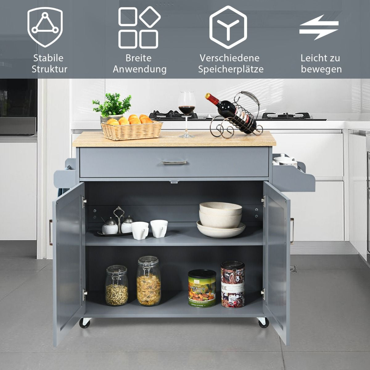 Küchenwagen Mit Handtuchhalter & Gewürzboard & Schublade Kücheninsel Rollbarer Küchenschrank