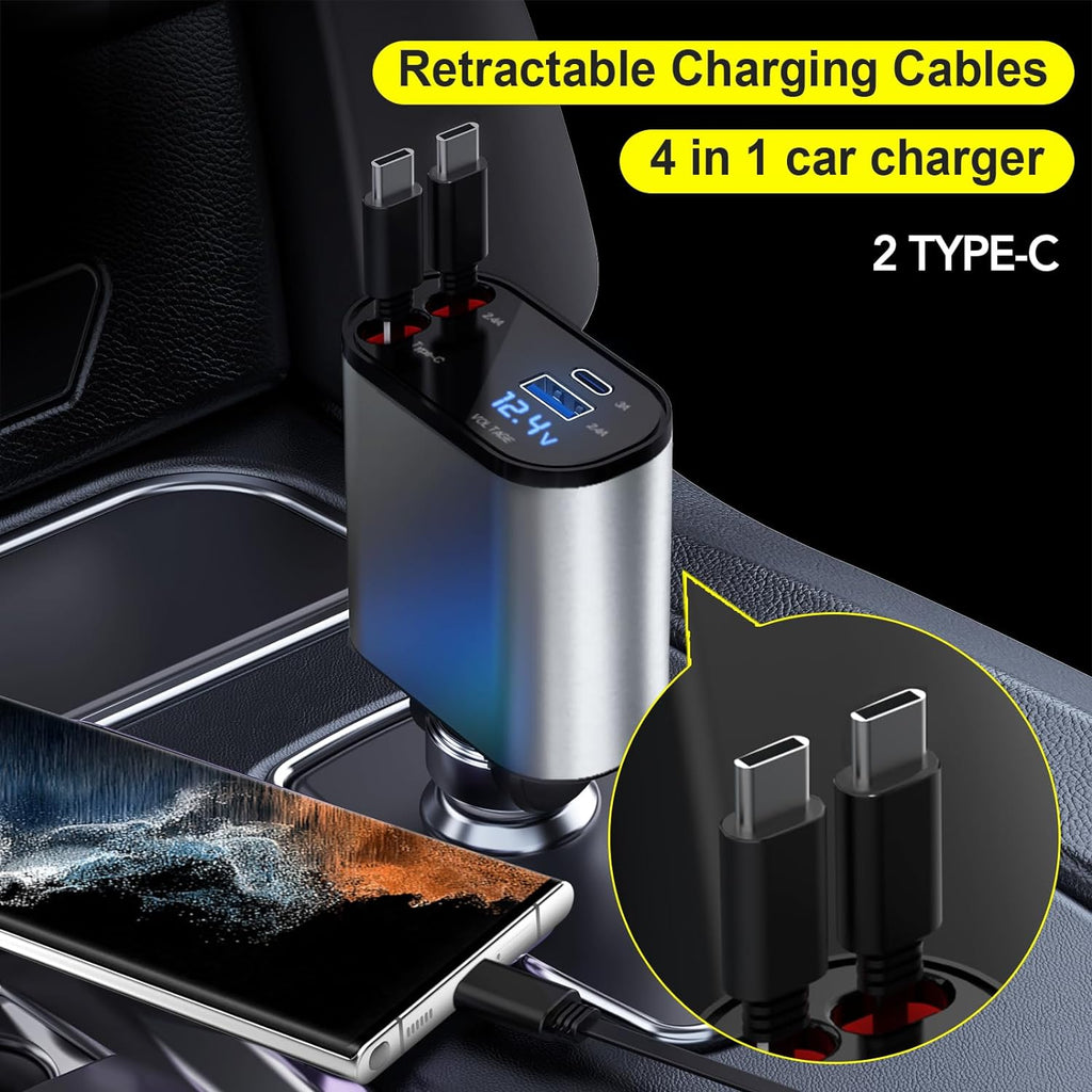 (US Shipping) TIKTOK SHOP Retractable Car Charger, 4 in 1 Fast Car Phone Charger 66W, Retractable Cables and USB Car Charger,Compatible with iPhone 15/14/13/12/11,Galaxy,Pixel
