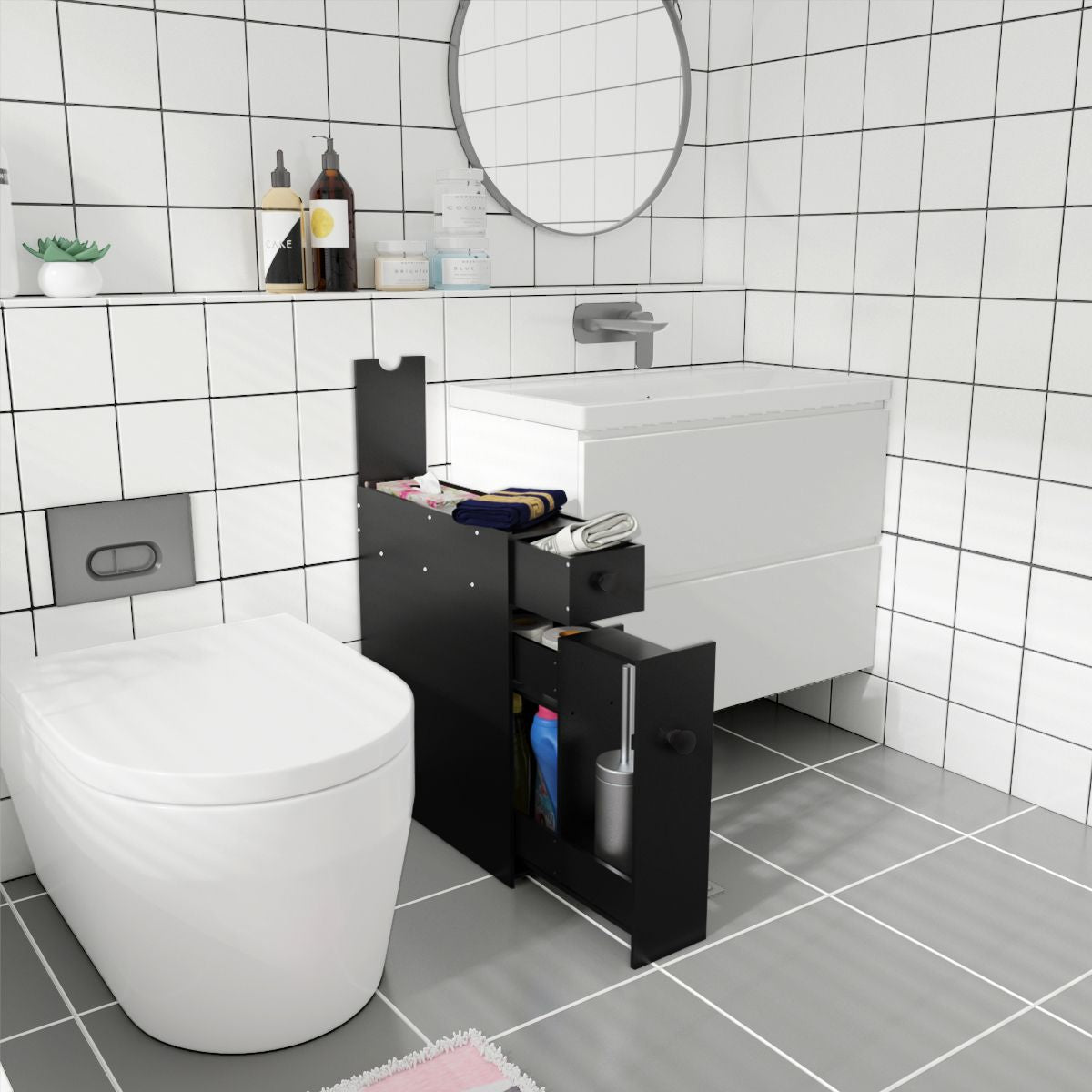 Schmaler Nischenregal Mit Schubladen Badschrank Aus Holz Seitenschrank