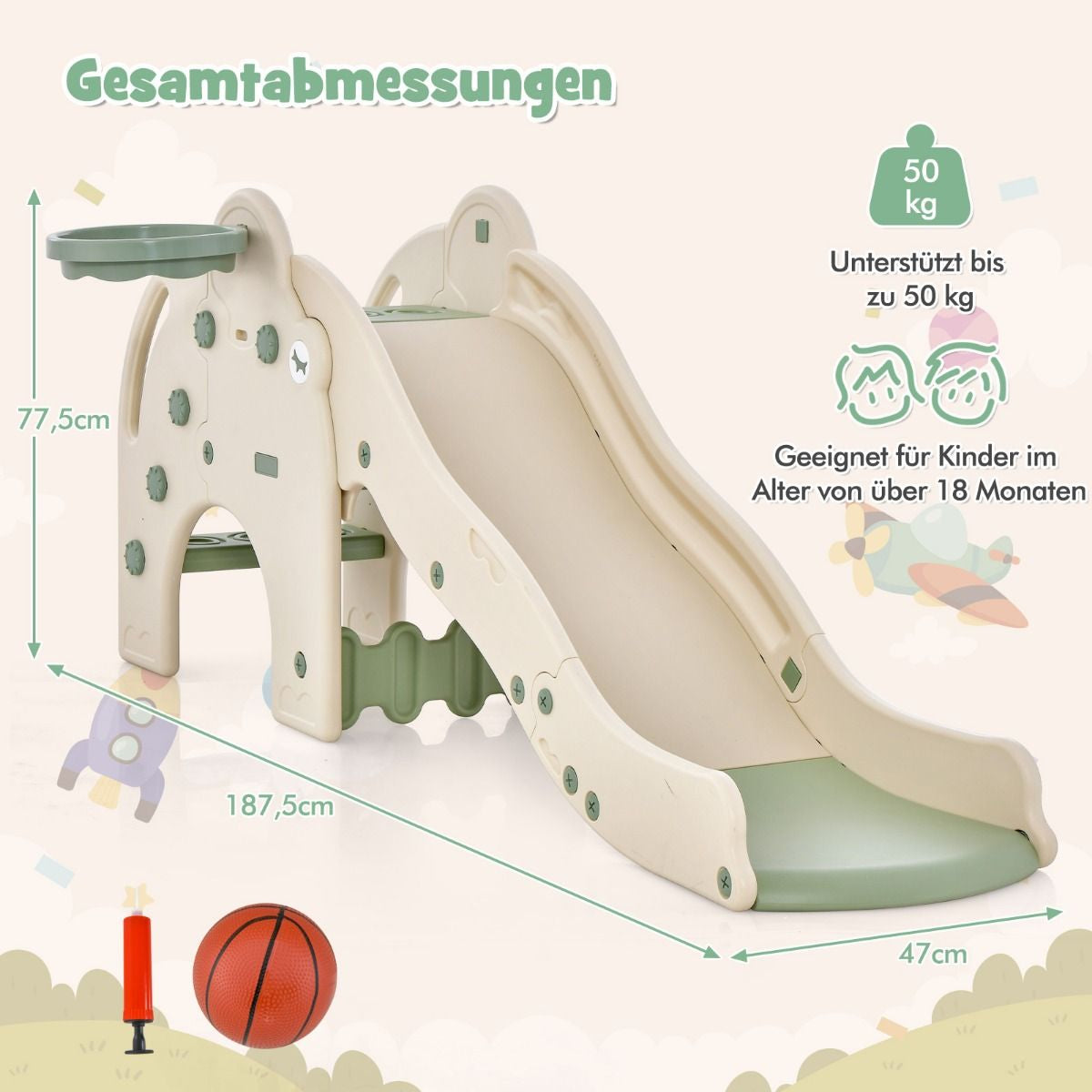 Rutsche Outdoor 4 in 1 Kinder Rutsche & Tunnel & Basketballkorb & Leiter 187,5 X 47 X 77,5 Cm Grün
