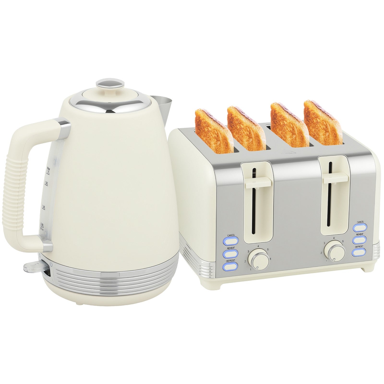 Wasserkocher Toaster Set 2200 W Mit 4 Scheiben Toaster, 1,7L Wasserkocher, Creme