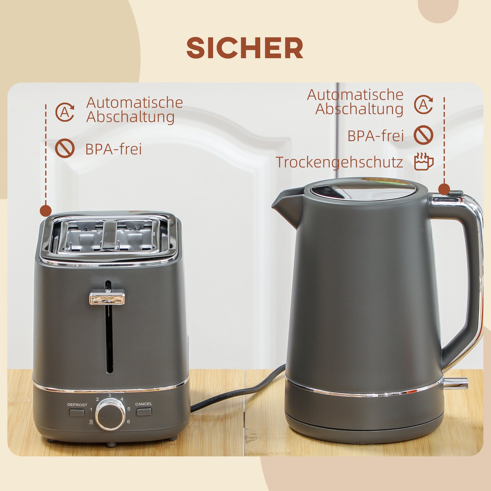Wasserkocher Toaster Set Frühstück-Set Mit 1,7L Wasserkocher, 2 Scheiben Toaster