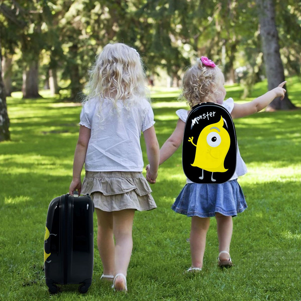 2 Tlg Kindergepäck Monstersbild Reisekoffer Kinderkoffer + Rucksack Schwarz