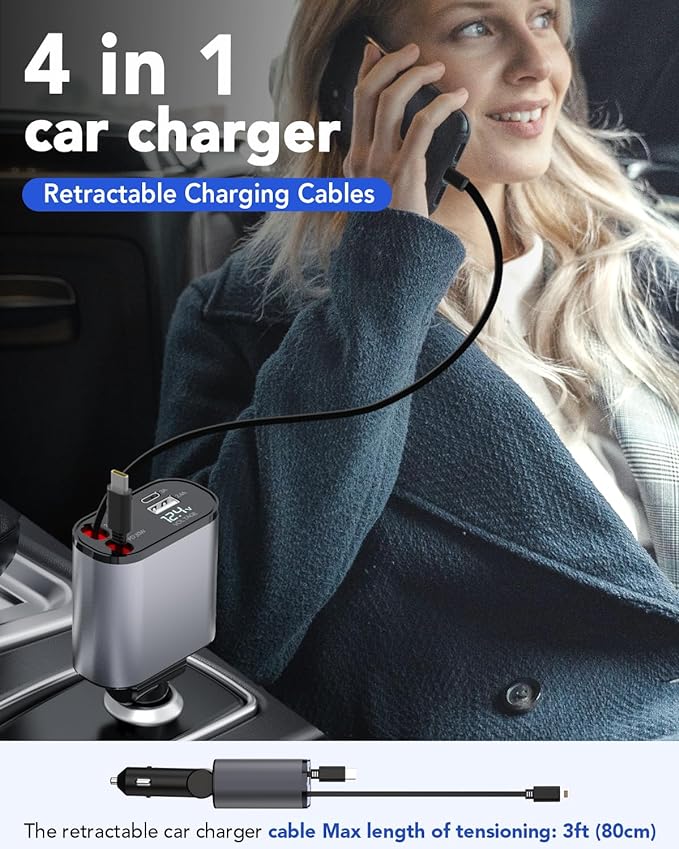 (US Shipping) TIKTOK SHOP Retractable Car Charger, 4 in 1 Fast Car Phone Charger 66W, Retractable Cables and USB Car Charger,Compatible with iPhone 15/14/13/12/11,Galaxy,Pixel