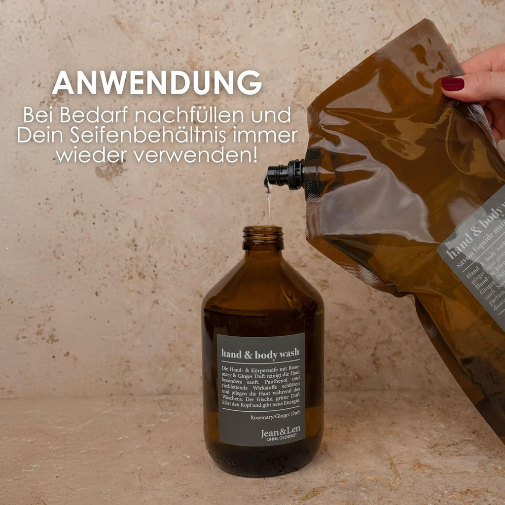 Jean & Len Hand & Body Wash Rosemary Und Ginger Im Nachfüllbeutel, Reinigt Und Pflegt Die Haut, Würzig-Frischer Duft, Flüssigseife Im Nachfüllpack, Ohne Silikone & Parabene, 1,5L