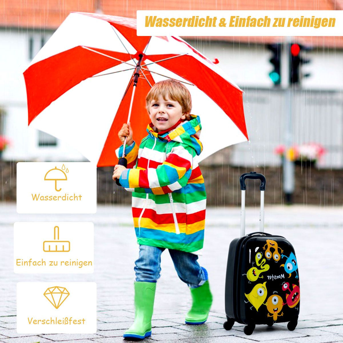 2 Tlg Kindergepäck Monstersbild Reisekoffer Kinderkoffer + Rucksack Schwarz