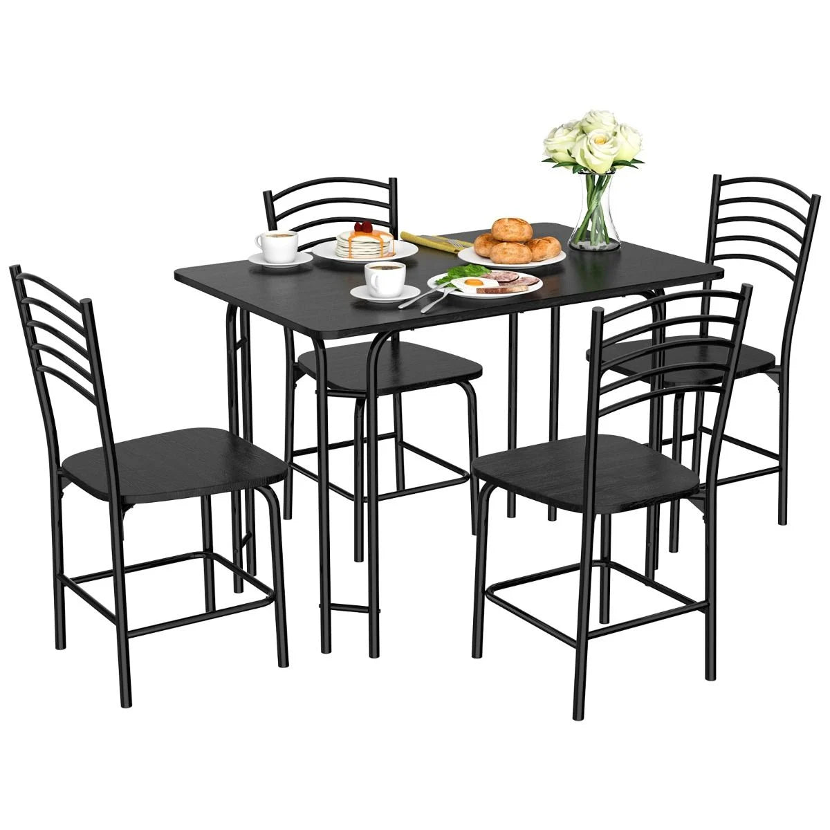 5 Teiliges Esstisch Set Rechteckiger Küchentisch Mit 4 Stühle Essgruppe Metallrahmen Sitzgruppe Esszimmertisch 4 Personen Platzsparend Schwarz
