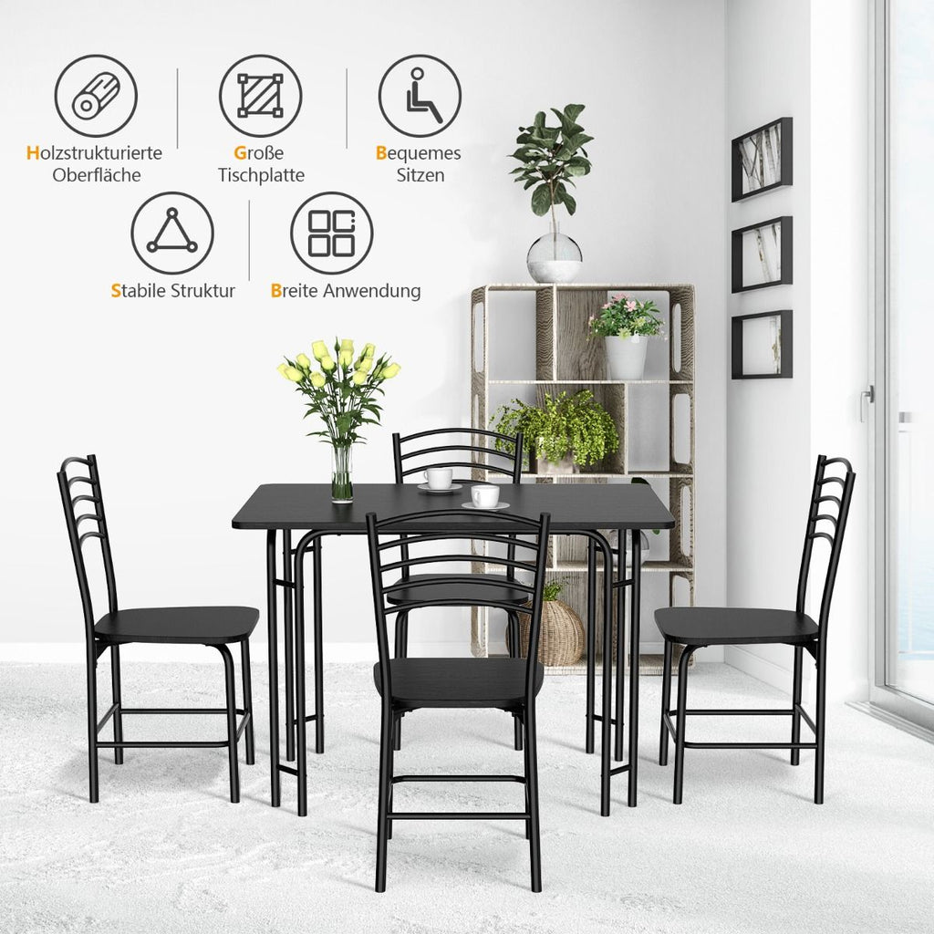 5 Teiliges Esstisch Set Rechteckiger Küchentisch Mit 4 Stühle Essgruppe Metallrahmen Sitzgruppe Esszimmertisch 4 Personen Platzsparend Schwarz