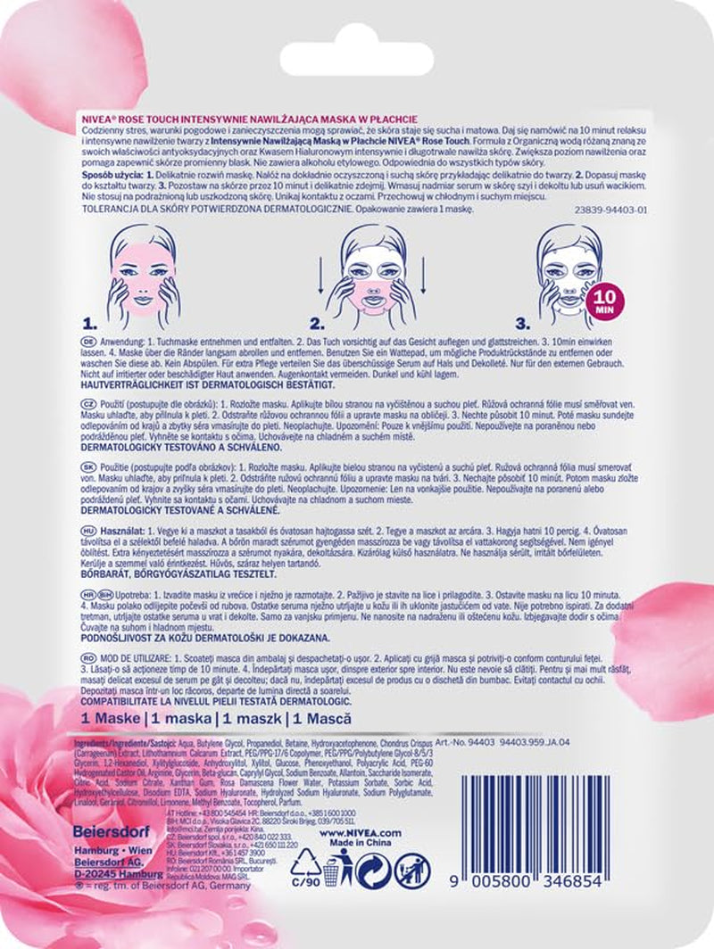 NIVEA Rose Touch Feuchtigkeitsspendende Tuchmaske (1. St.), Gesichtsmaske Für Intensive, Langanhaltende Feuchtigkeit, Feuchtigkeitsmaske Mit Bio Rosenwasser Und Hyaluron (Packung Mit 5)