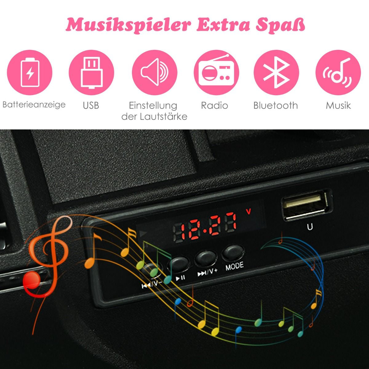 Kinder Elektroauto Mit 2,4G-Fernbedienung & MP3 & Hupe 12V Elektro Kinderauto Rosa