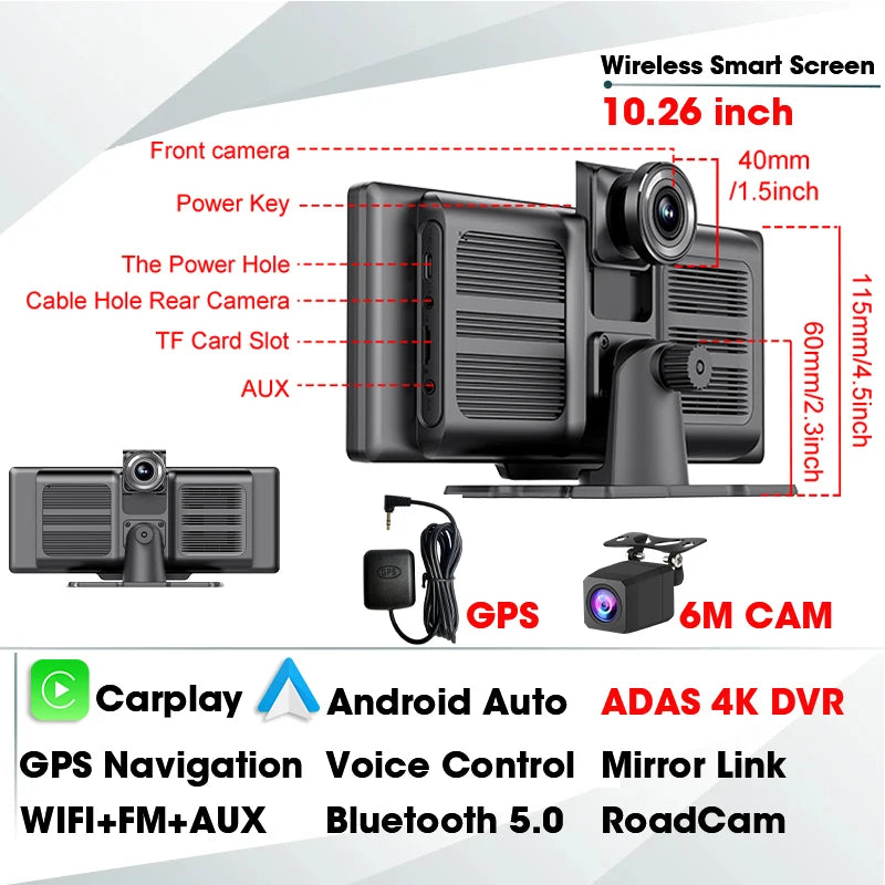 10.26 Inch 4K ADAS Car DVR Wireless Carplay Android Auto Car Radio Multimedia GPS Navigation Video Player BT WIFI Stereo