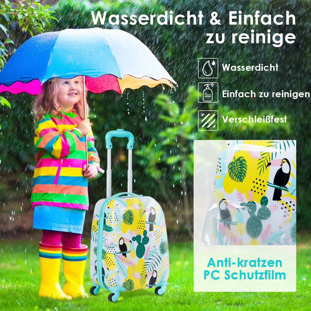 2 Tlg Kindergepäck Flamingosblid Reisekoffer Kinderkoffer + Rucksack Blau