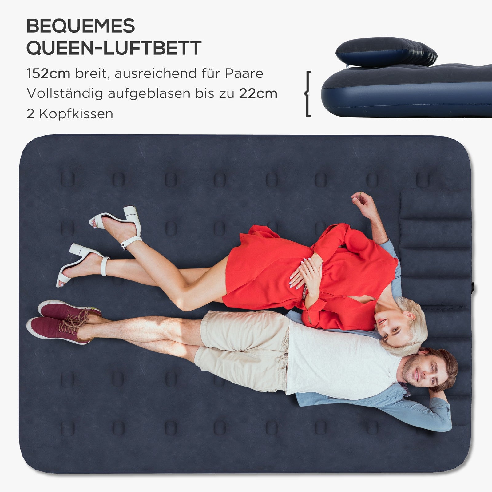 Luftbett, Luftmatratze Mit Handpumpe, Kopfkissen, Blau, 203 X 152 X 22 Cm