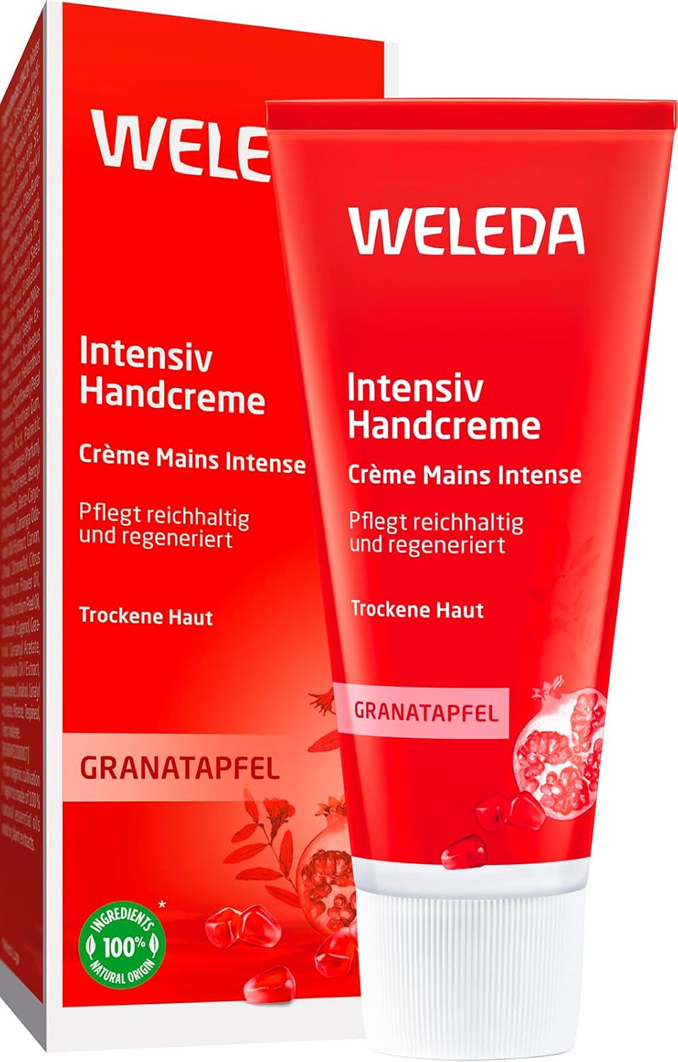 WELEDA Bio Intensiv Handcreme Granatapfel - Naturkosmetik Handpflege Creme Beugt Pigmentflecken Vor, Nachhaltige Feuchtigkeitscreme Mit Sheabutter & Orange-Vanille Duft Für Trockene Hände (1X 50Ml)