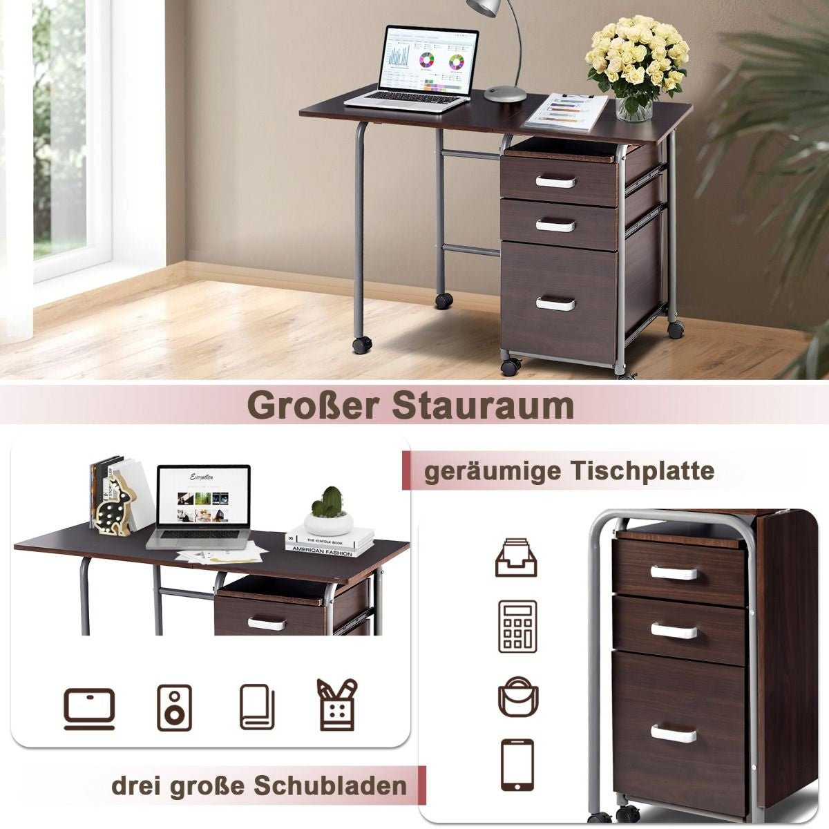 Klappbarer Computertisch Mit 3 Schubladen & Rollen Platzsparender Schreibtisch Bürotisch