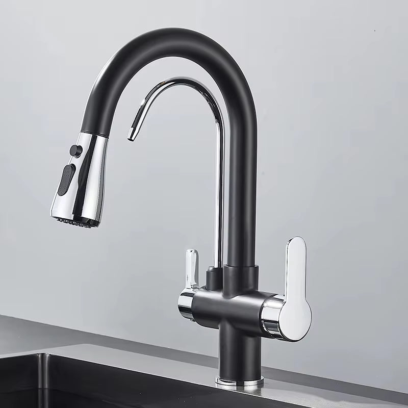 Matte Black Filtered Crane for Kitchen Pull Out Spray 360 Rotation Water Filter Tap Three Ways Sink Mixer Kitchen