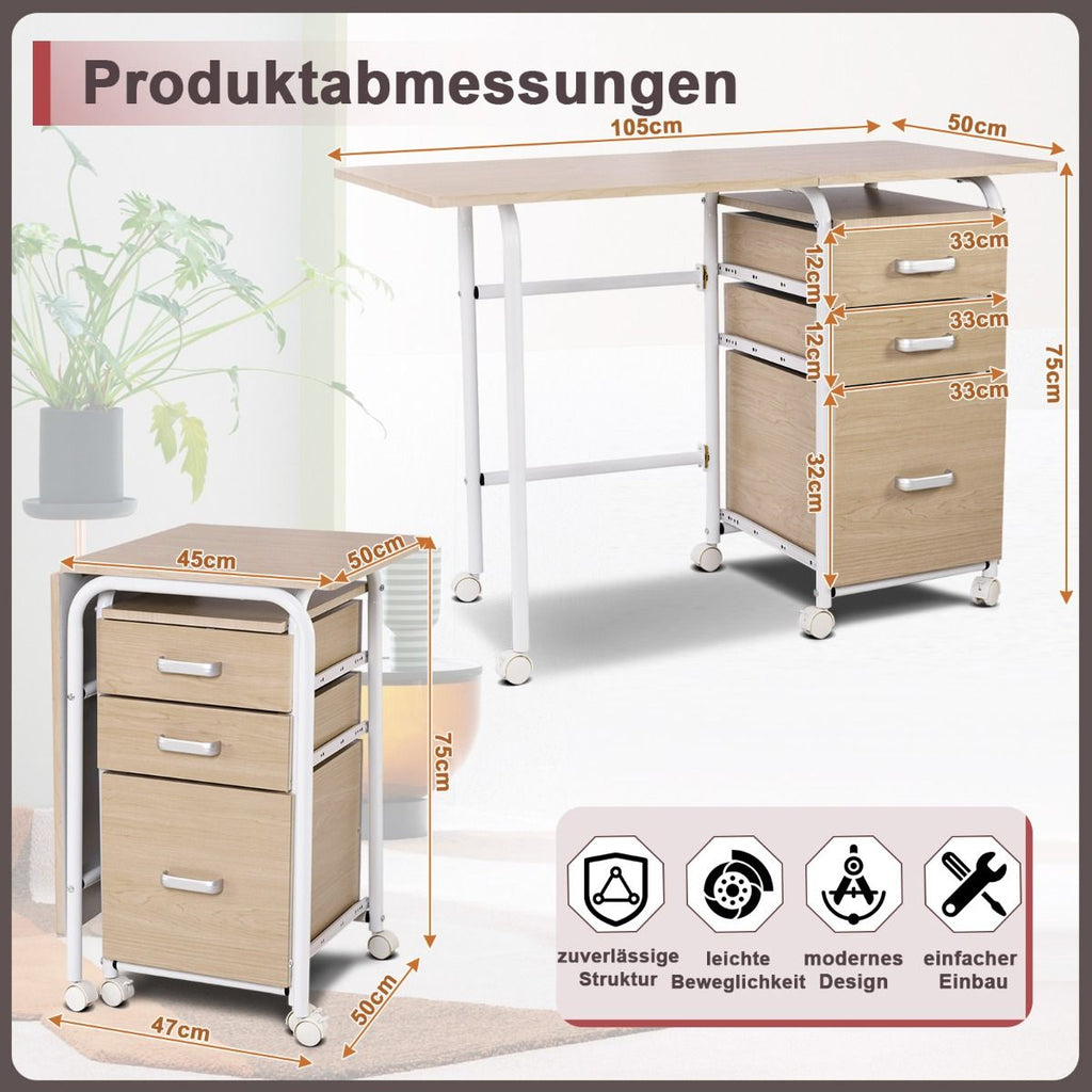 Klappbarer Computertisch Mit 3 Schubladen & Rollen Platzsparender Schreibtisch Bürotisch