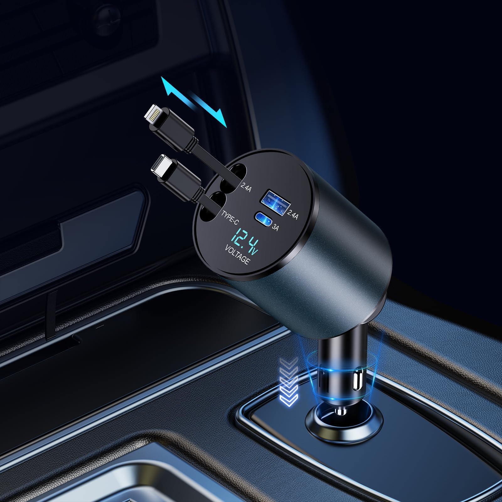 (US Shipping) TIKTOK SHOP Retractable Car Charger, 4 in 1 Fast Car Phone Charger 66W, Retractable Cables and USB Car Charger,Compatible with iPhone 15/14/13/12/11,Galaxy,Pixel