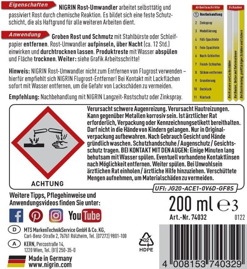 NIGRIN 74032 Auto Rostumwandler Rostlösend Rostentferner Selbstaktiv Pkw 200 Ml