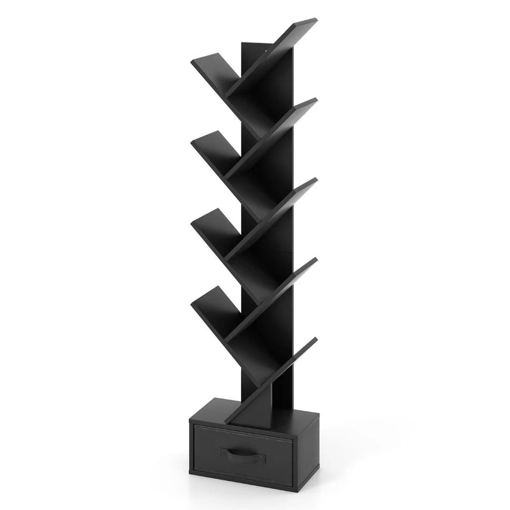 10-Stöckiges Baum-Bücherregal Mit Schublade Bodenstehendes Lagerregal Schwarz