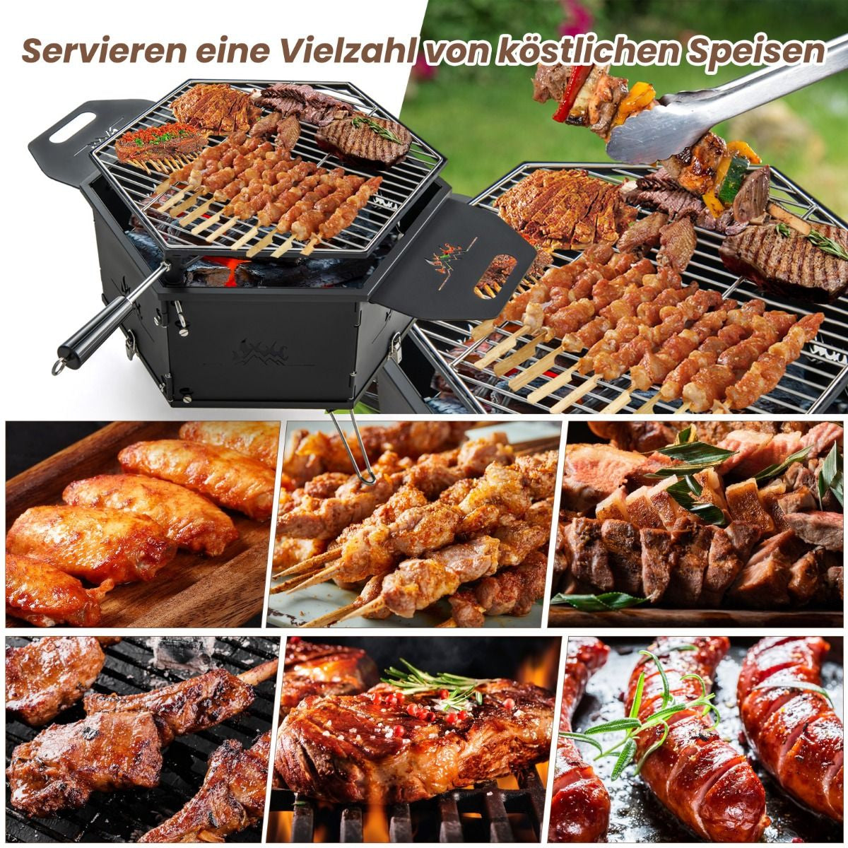 Großer Holzkohlegrill Mit 360° Drehbarem Grill 2 in 1 Feuerschale 77 X 74 X 38 Cm