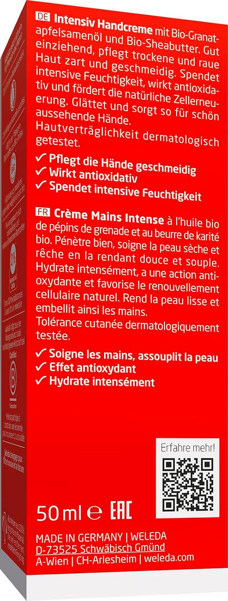 WELEDA Bio Intensiv Handcreme Granatapfel - Naturkosmetik Handpflege Creme Beugt Pigmentflecken Vor, Nachhaltige Feuchtigkeitscreme Mit Sheabutter & Orange-Vanille Duft Für Trockene Hände (1X 50Ml)