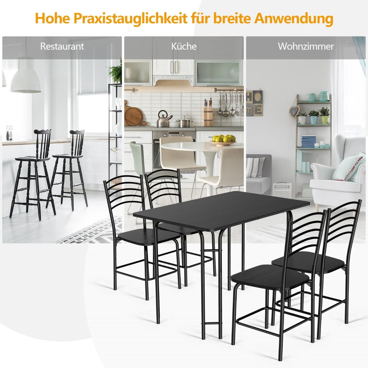 5 Teiliges Esstisch Set Rechteckiger Küchentisch Mit 4 Stühle Essgruppe Metallrahmen Sitzgruppe Esszimmertisch 4 Personen Platzsparend Schwarz