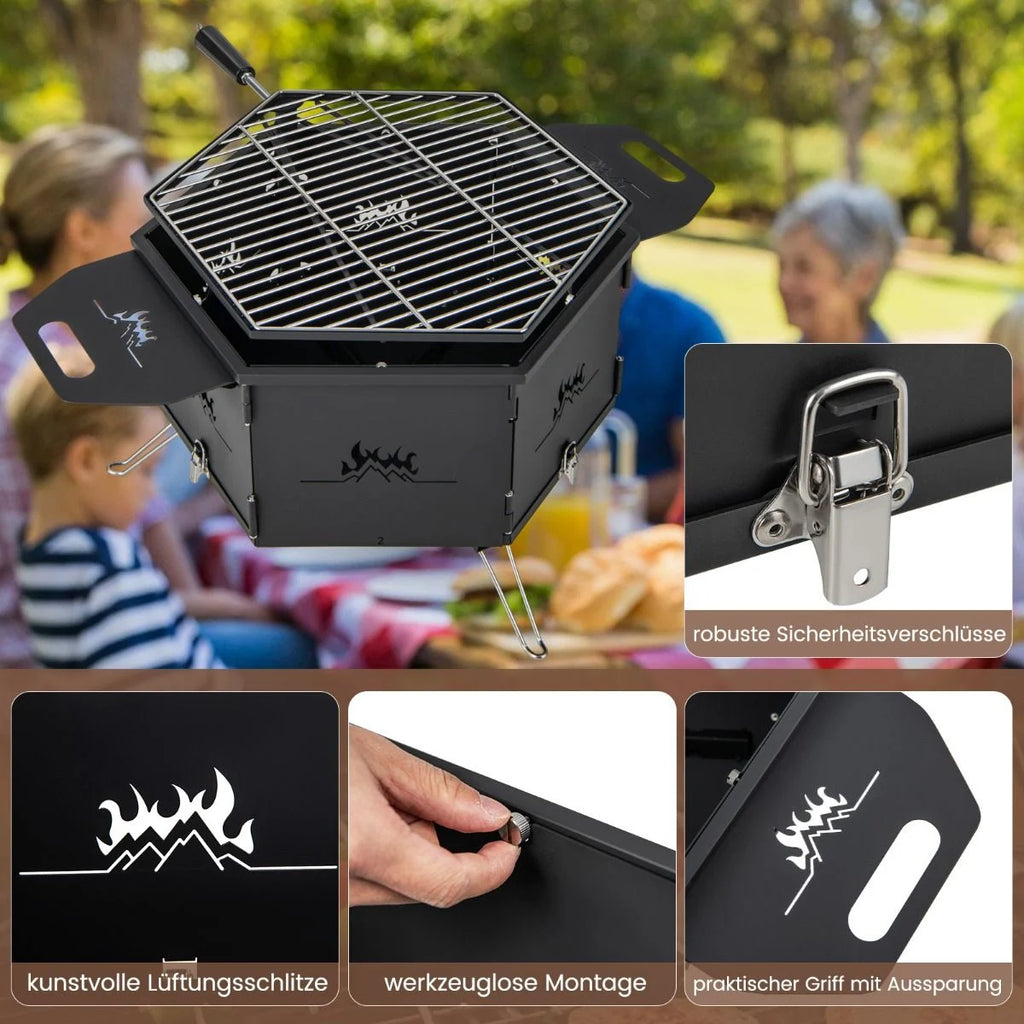 Großer Holzkohlegrill Mit 360° Drehbarem Grill 2 in 1 Feuerschale 77 X 74 X 38 Cm