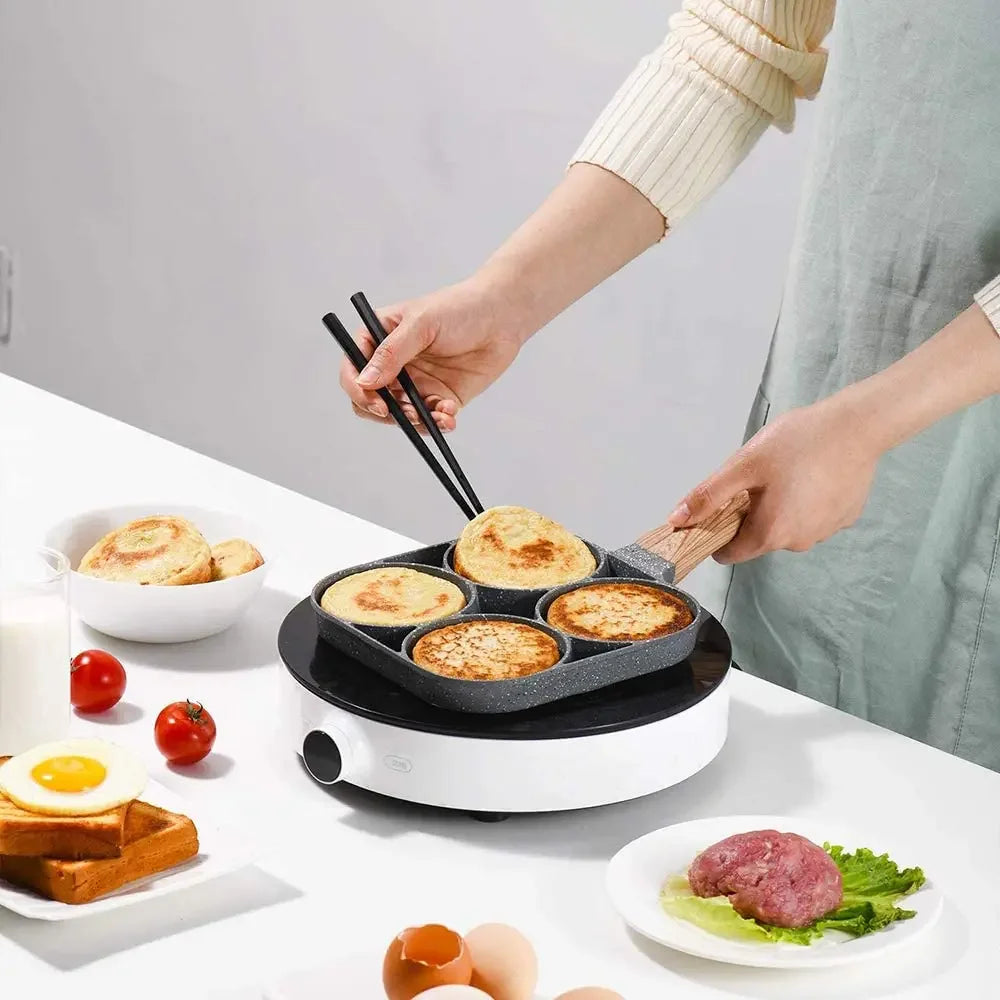 4 Hole Frying Pan Non Stick Breakfast Burger Egg Pancake Maker Wooden Handle Medical Stone Four Hole Omelet Pan