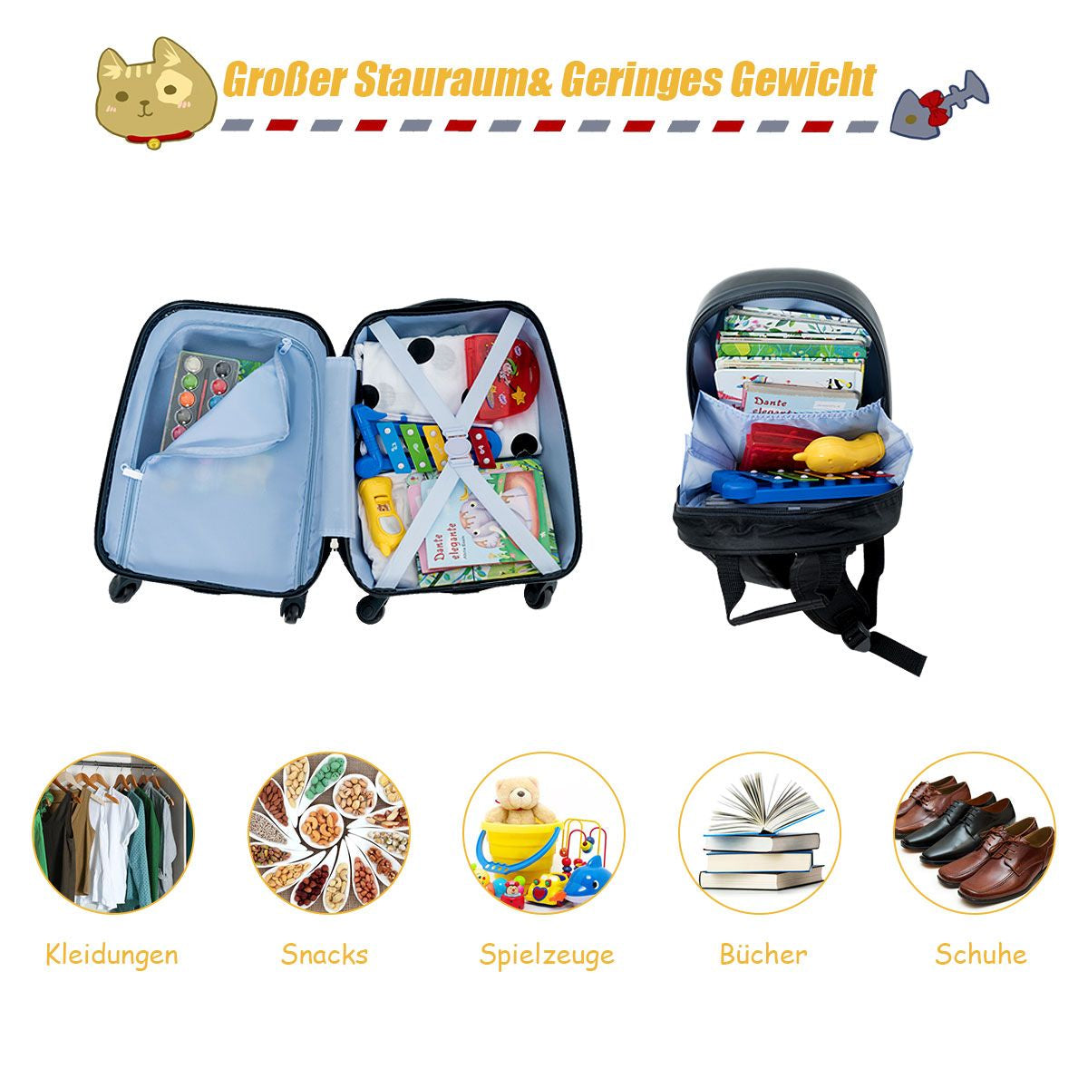 2 Tlg Kindergepäck Monstersbild Reisekoffer Kinderkoffer + Rucksack Schwarz