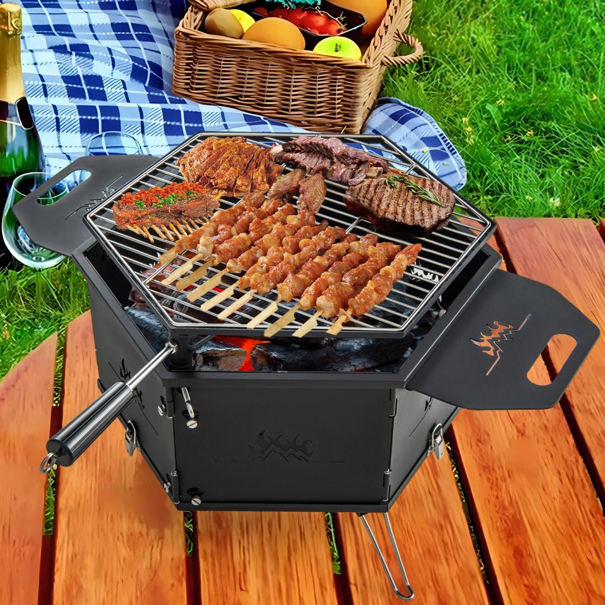 Großer Holzkohlegrill Mit 360° Drehbarem Grill 2 in 1 Feuerschale 77 X 74 X 38 Cm