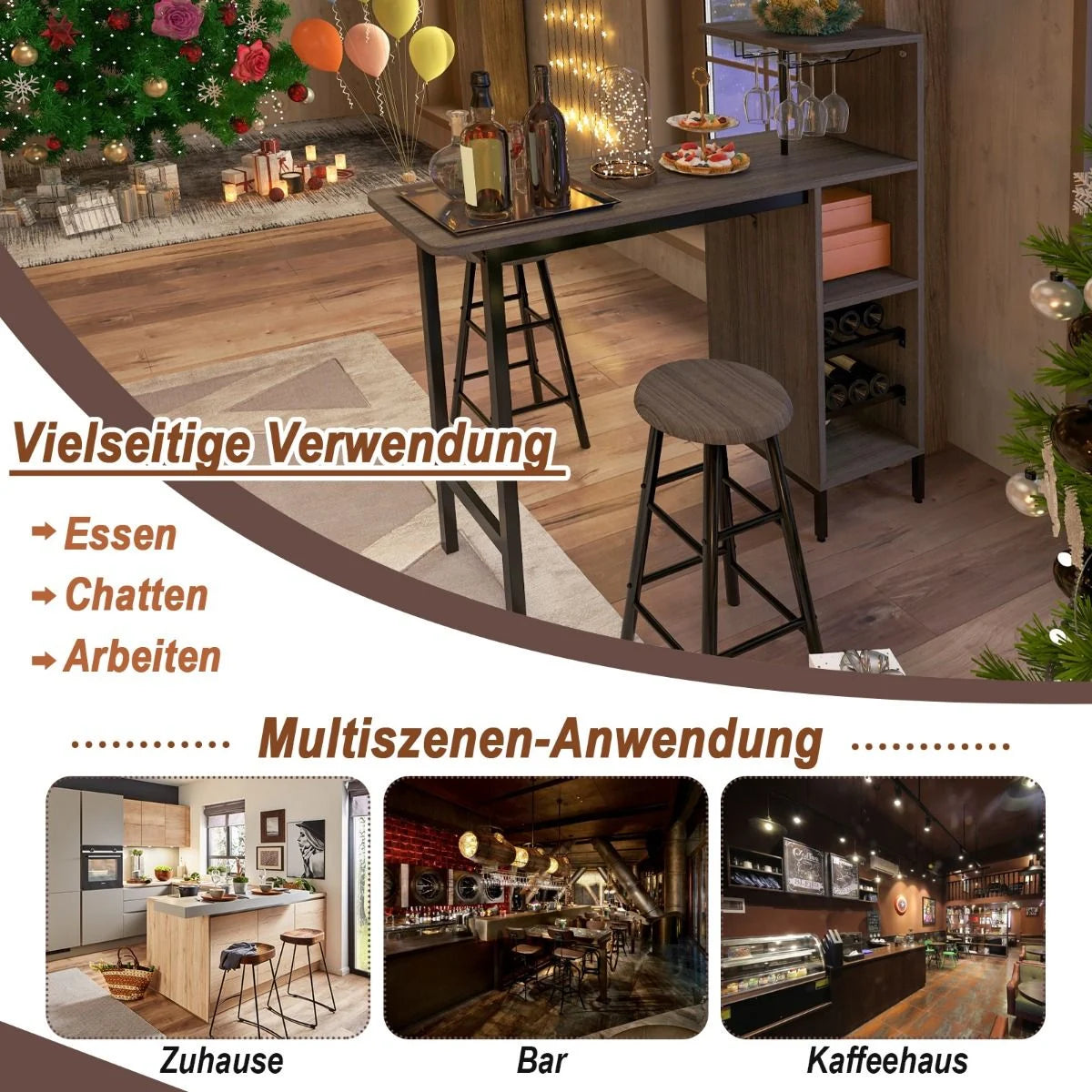 3-Teiliges Bartisch- & Stuhl-Set Esstisch-Set in Thekenhöhe Braun
