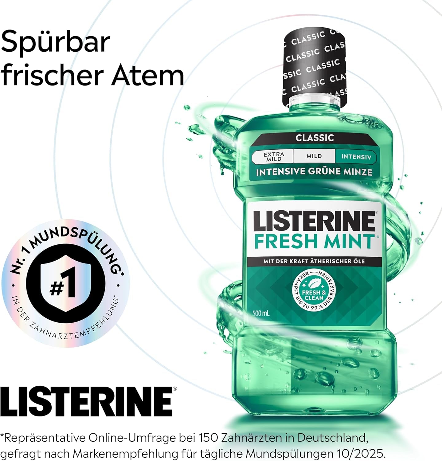 Listerine Fresh Mint Antibakterielle Mundspülung Für Frischen Atem, Mit Ätherischen Ölen, Bekämpft Mundgeruch Verursachende Bakterien, Mit Frischem Minzgeschmack