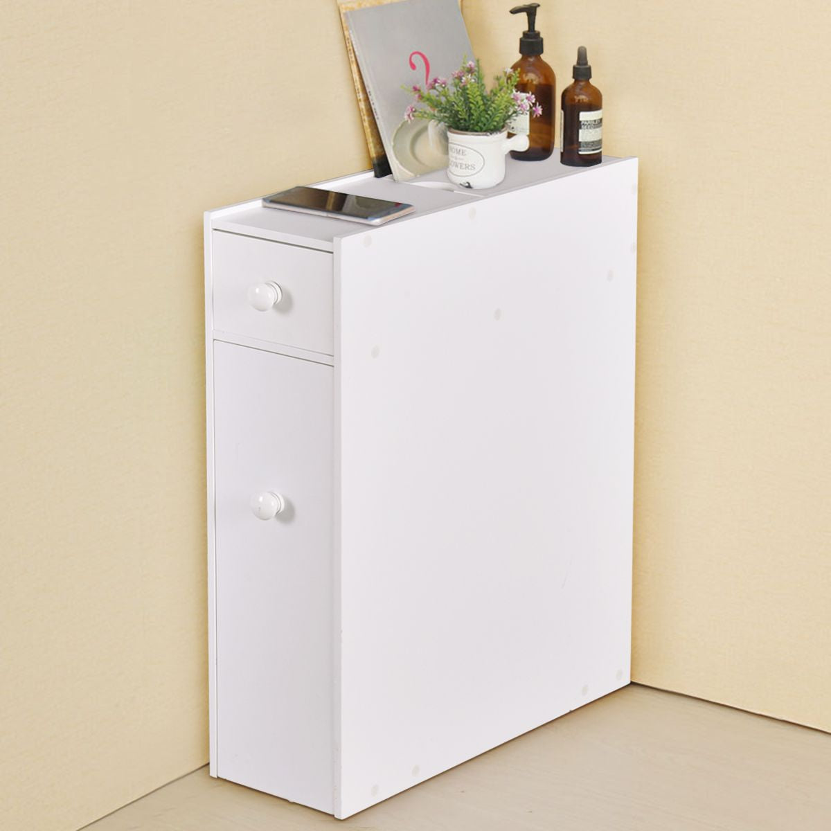 Schmaler Nischenregal Mit Schubladen Badschrank Aus Holz Seitenschrank