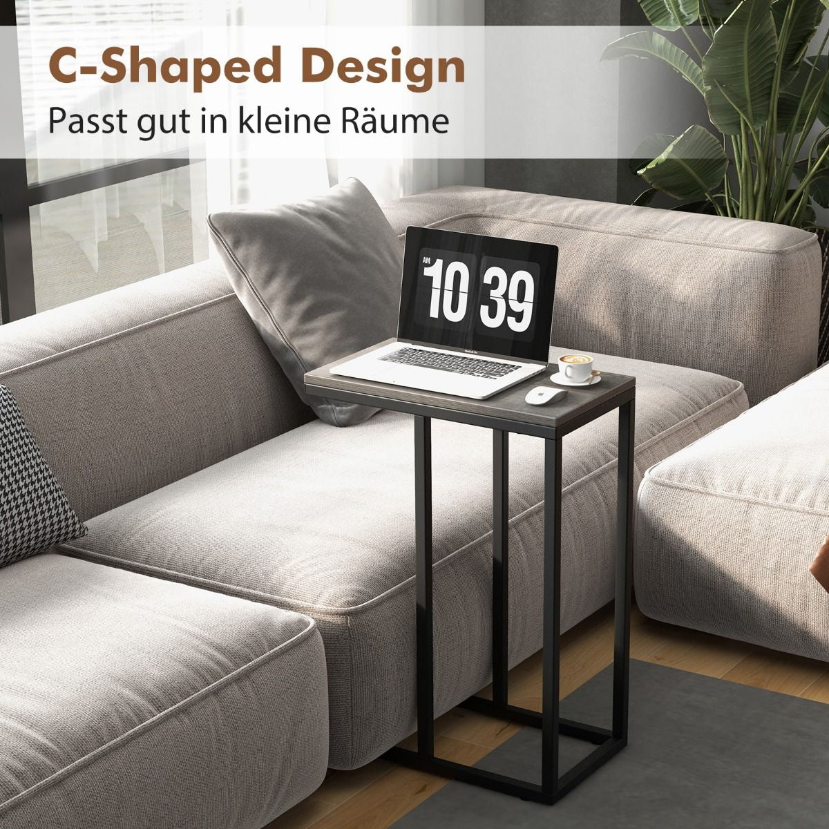 Beistelltisch C-Form Sofatisch Mit Metallgestell Kaffeetisch Für Wohnzimmer Rustikales Braun/Grau/Schwarz