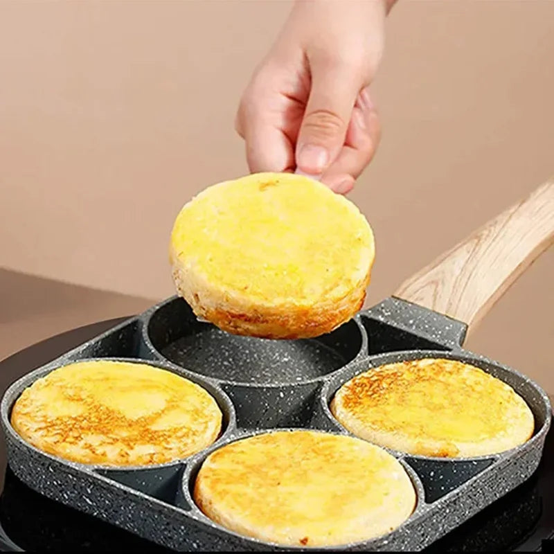 4 Hole Frying Pan Non Stick Breakfast Burger Egg Pancake Maker Wooden Handle Medical Stone Four Hole Omelet Pan