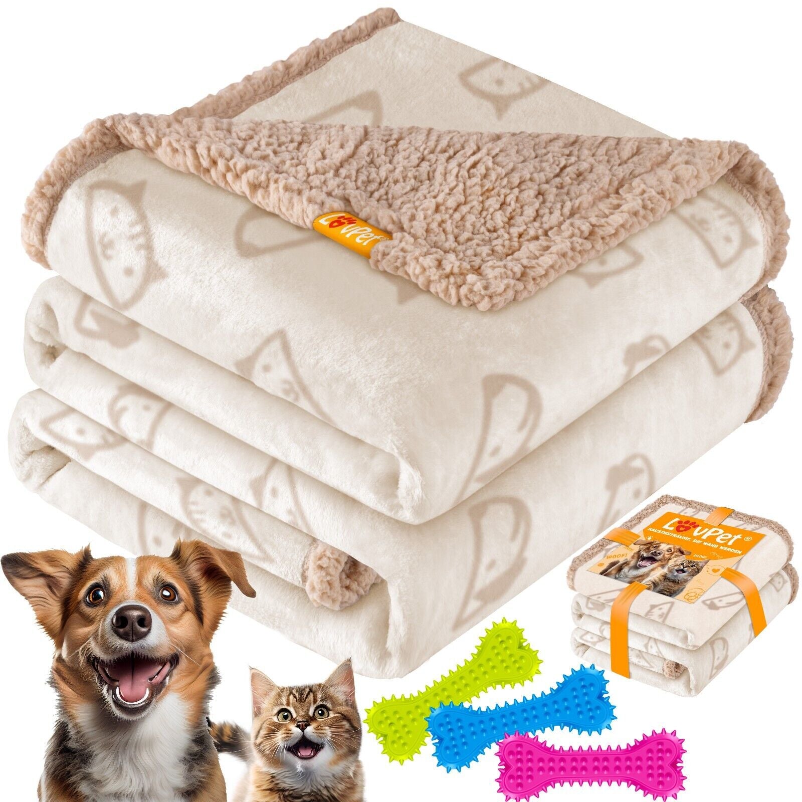 LOVPET® Hunde Decke Wasserdicht Haustier Trockenbett Fleece, 3X Spielzeugknochen