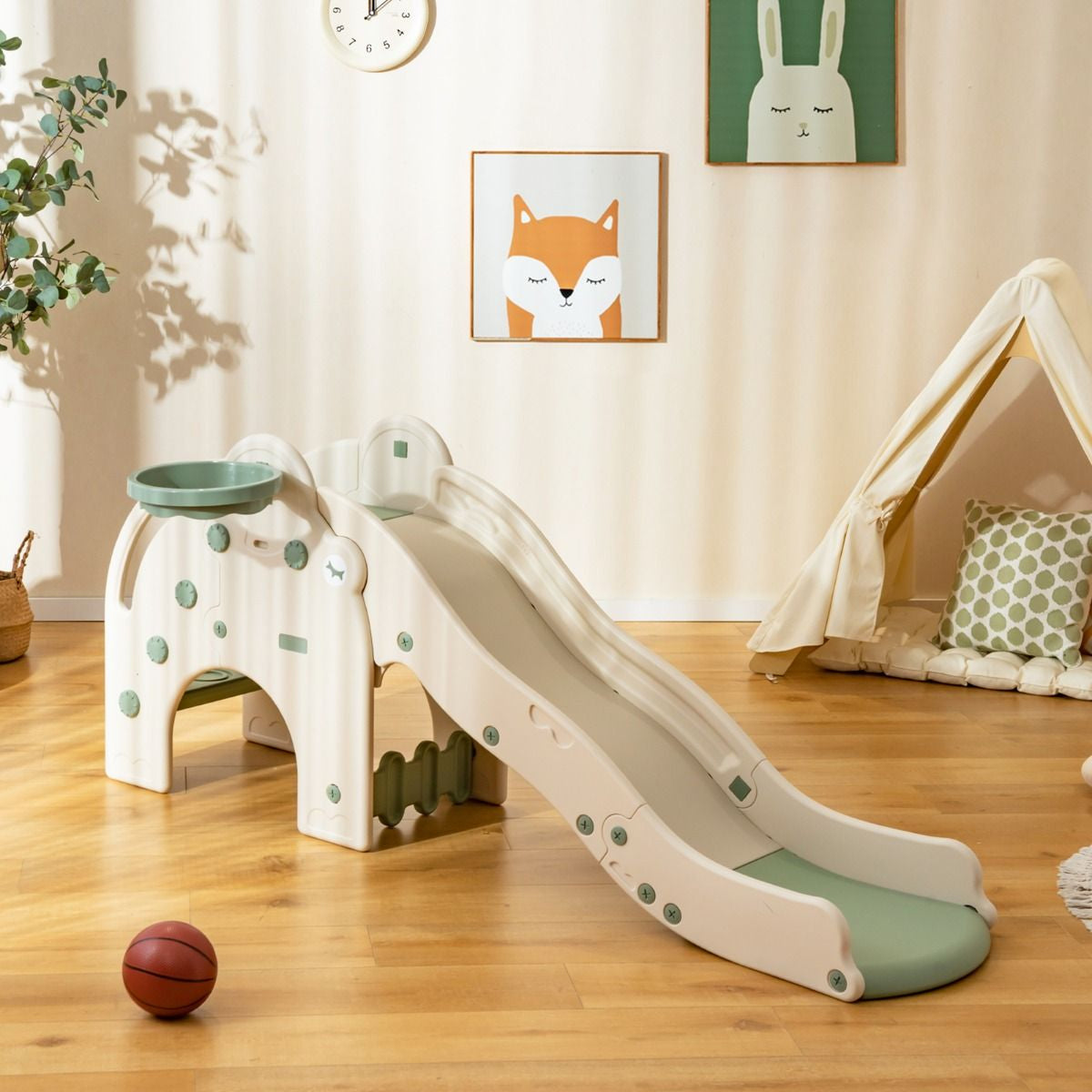 Rutsche Outdoor 4 in 1 Kinder Rutsche & Tunnel & Basketballkorb & Leiter 187,5 X 47 X 77,5 Cm Grün