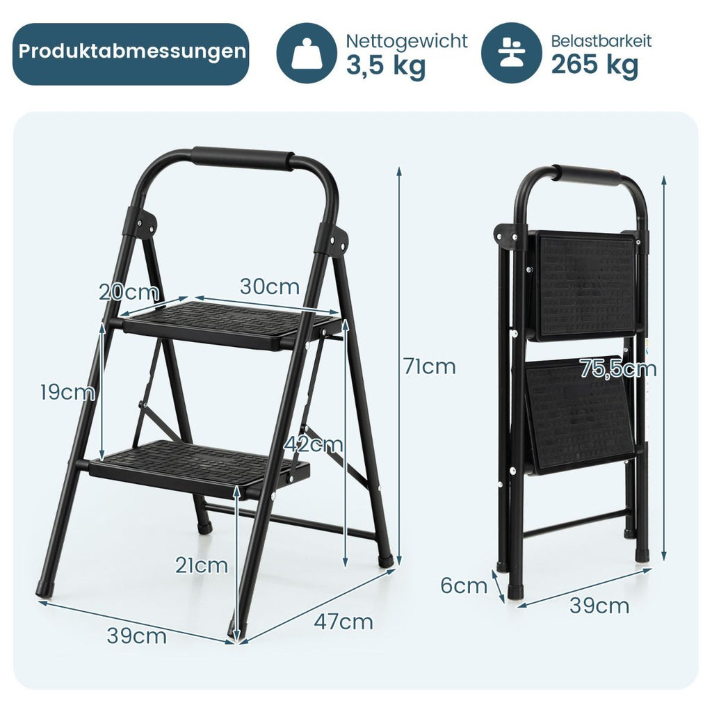 2-Stufige Leiter Klappbarer Tritthocker Mit Gepolstertem Handgriff 47 X 39 X 71 Cm Schwarz