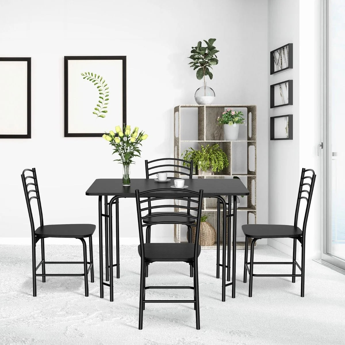 5 Teiliges Esstisch Set Rechteckiger Küchentisch Mit 4 Stühle Essgruppe Metallrahmen Sitzgruppe Esszimmertisch 4 Personen Platzsparend Schwarz