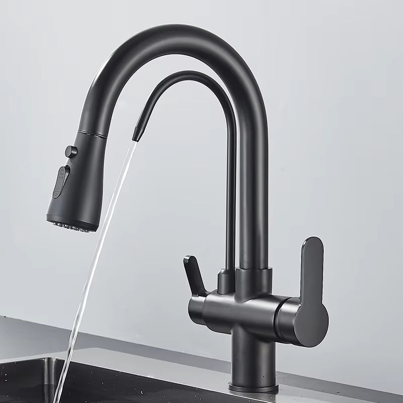 Matte Black Filtered Crane for Kitchen Pull Out Spray 360 Rotation Water Filter Tap Three Ways Sink Mixer Kitchen