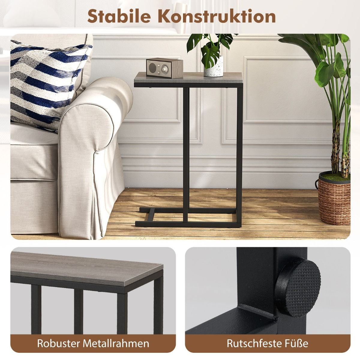 Beistelltisch C-Form Sofatisch Mit Metallgestell Kaffeetisch Für Wohnzimmer Rustikales Braun/Grau/Schwarz