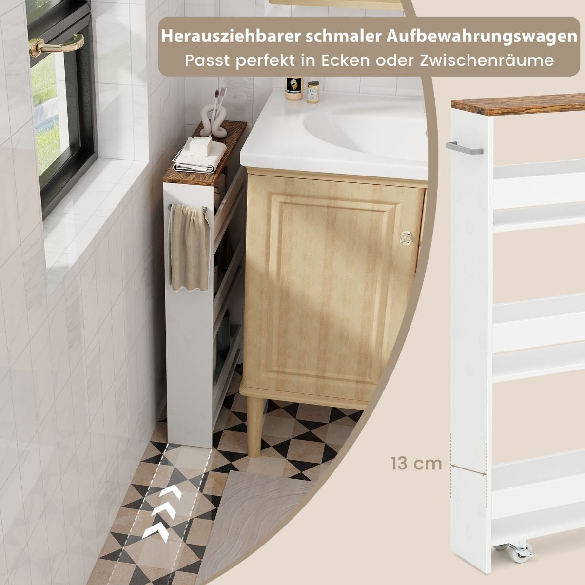 Nischenwagen 13Cm Breit 4 Etagen Küchenwagen Schmal Nischenregal Auf Rollen 48 X 13 X 81 Cm Braun+Weiß