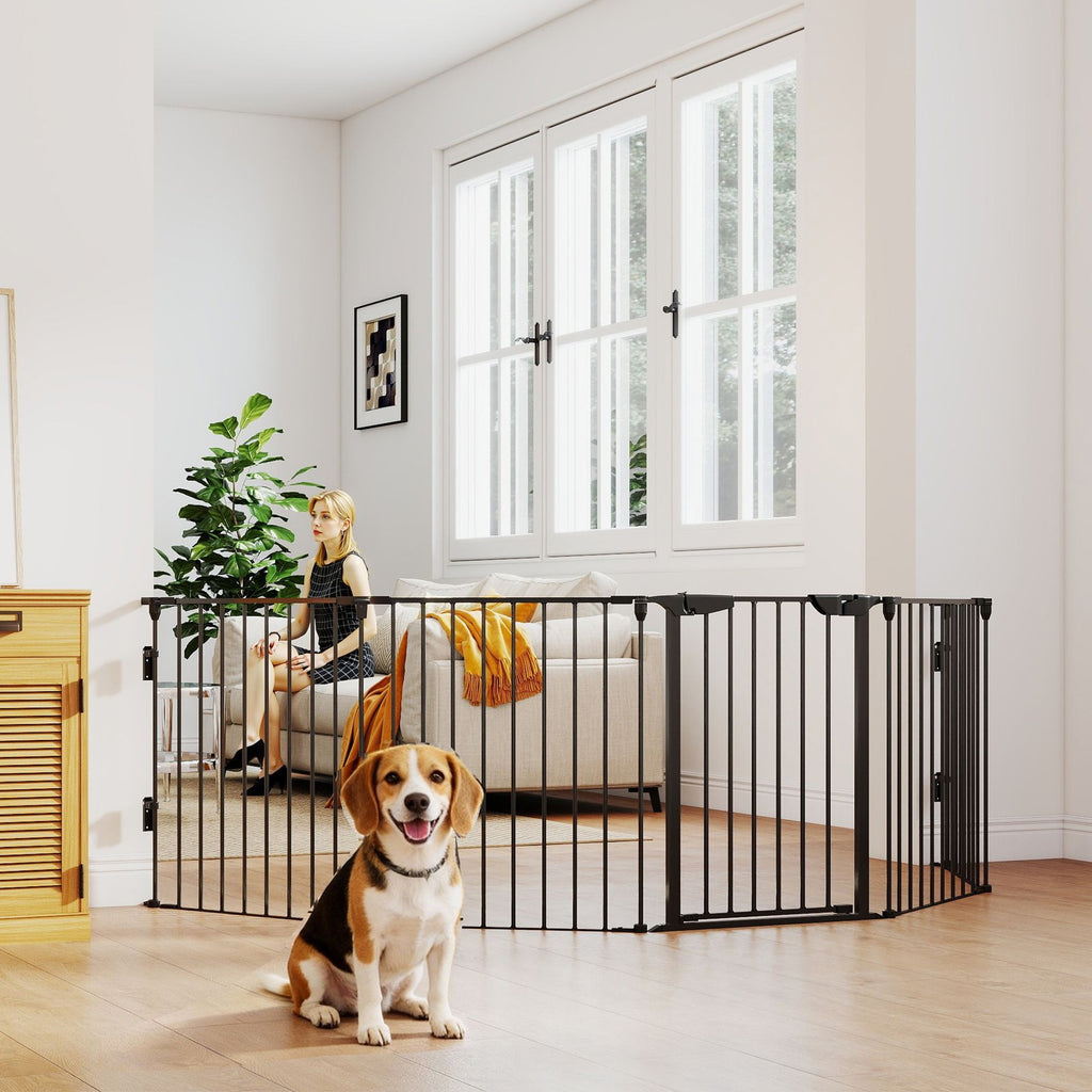 Pawhut 2 in 1 Welpenauslauf 5-TLG Klappbar Absperrgitter Hund Mit Tür, Metall