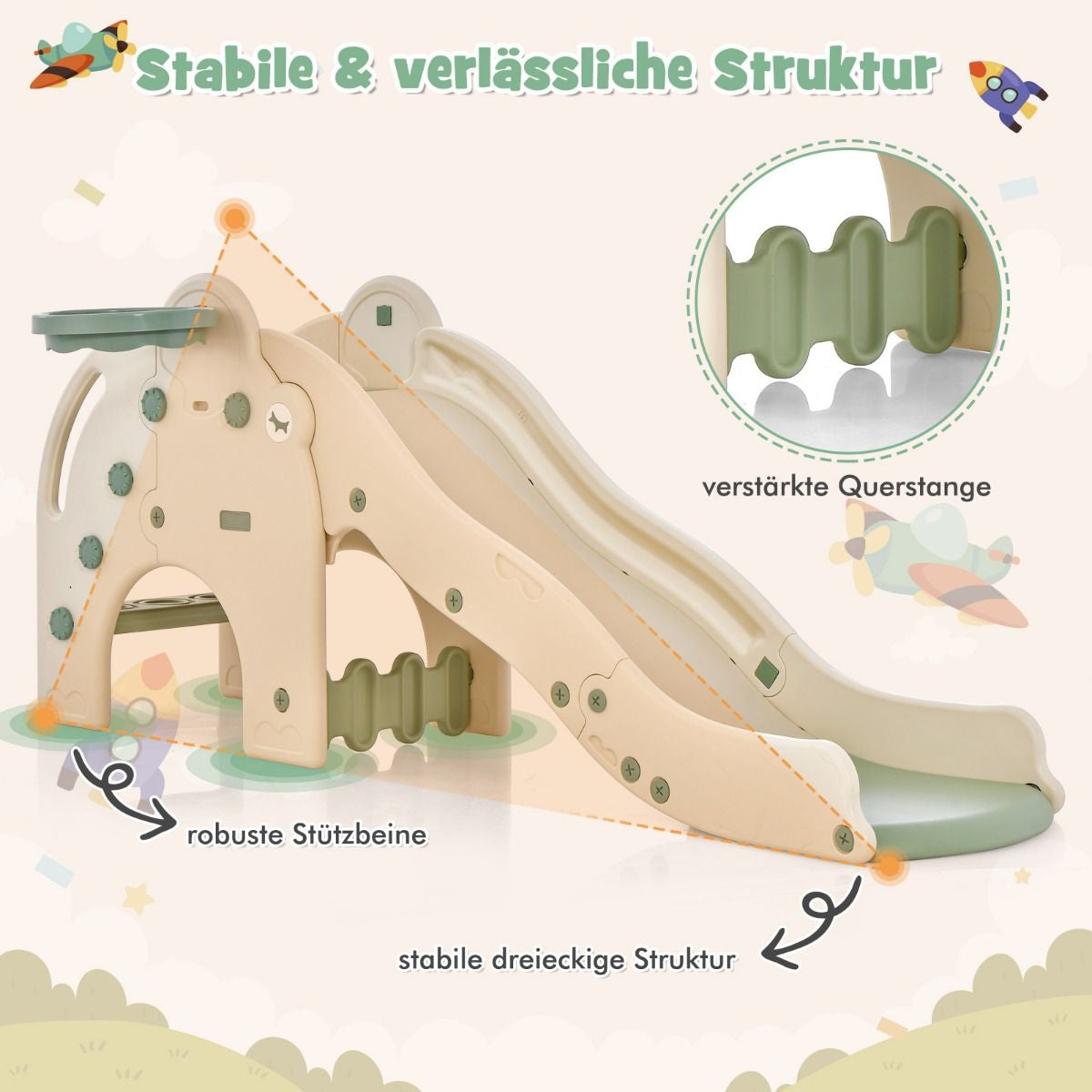 Rutsche Outdoor 4 in 1 Kinder Rutsche & Tunnel & Basketballkorb & Leiter 187,5 X 47 X 77,5 Cm Grün
