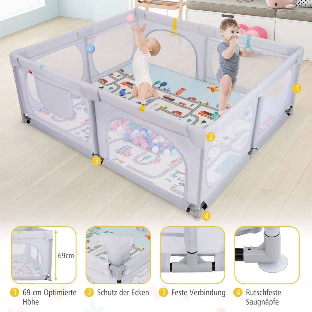 Baby Laufstall Mit Matratze & 50 Spielbällen & 4 Zugringen & 4 Reißverschlusstür Hellgrau