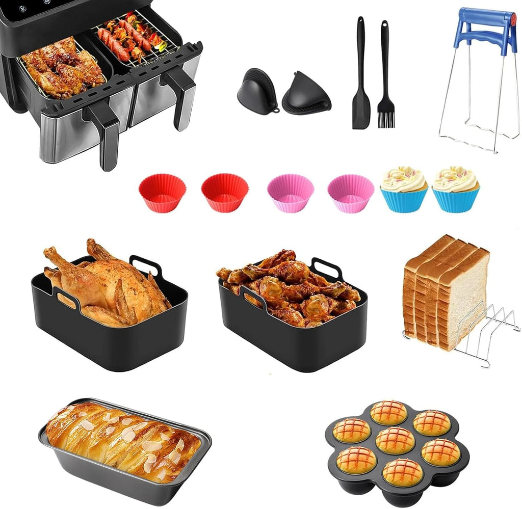 19PCS Zubehör Heißluftfritteuse Für Ninja Foodi AF400EU AF300EU AF500EU, Airfryer Zubehör Silikonform Heißluftfritteuse Zubehör Dual Zone Airfryer Accessories Für Innsky,Princess,Emerio 7,6L-9,5L